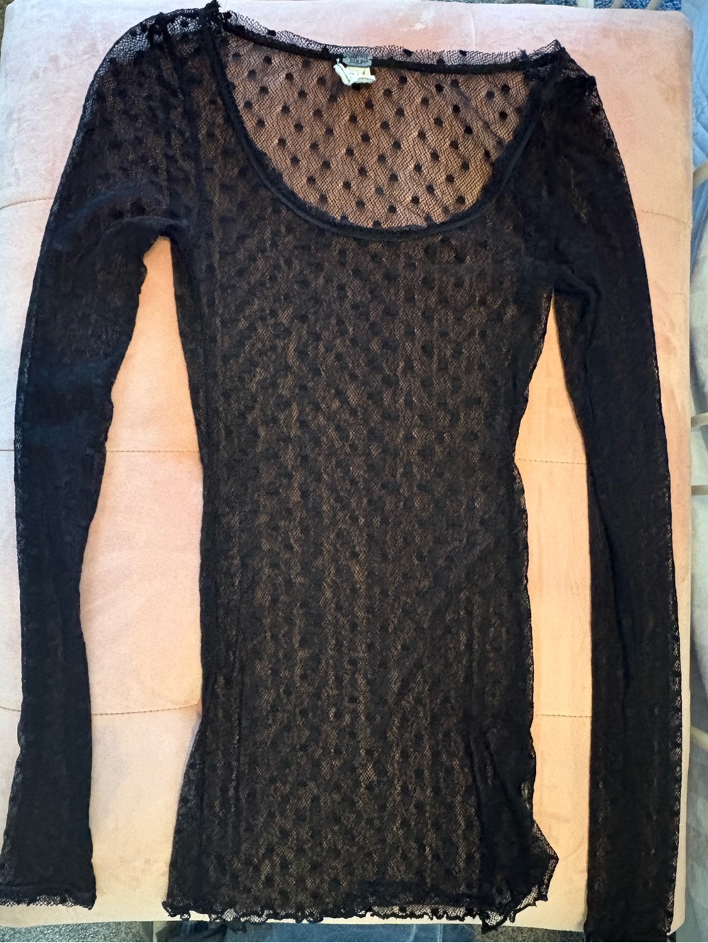 Free People Black Sheer Polka Dot Long Sleeve Mesh Top